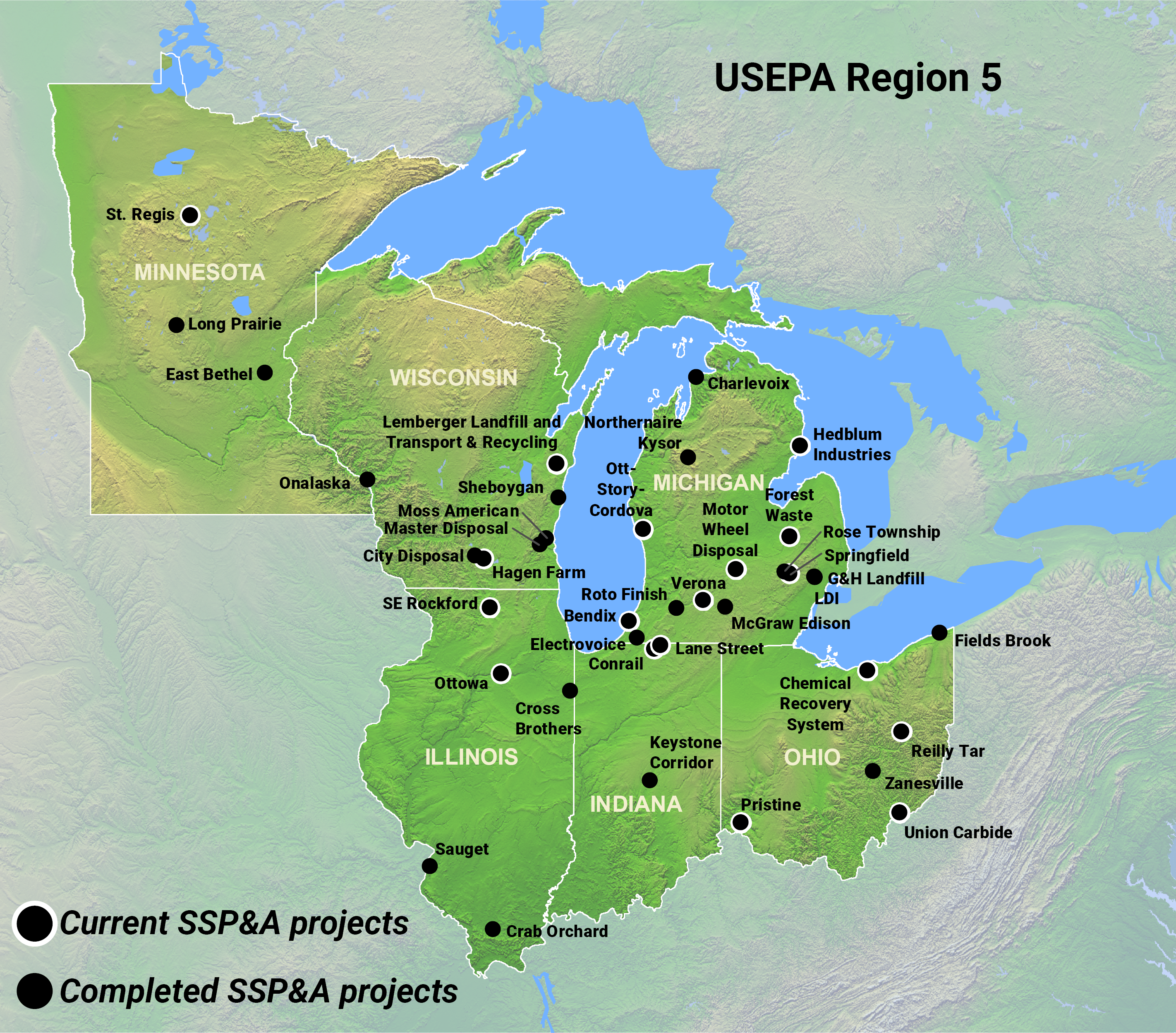 Map of SSP&A's current and past projects for EPA Region 5